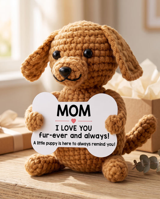 "I Love You Mom!" Hand-Knit Dog Crochet Plush