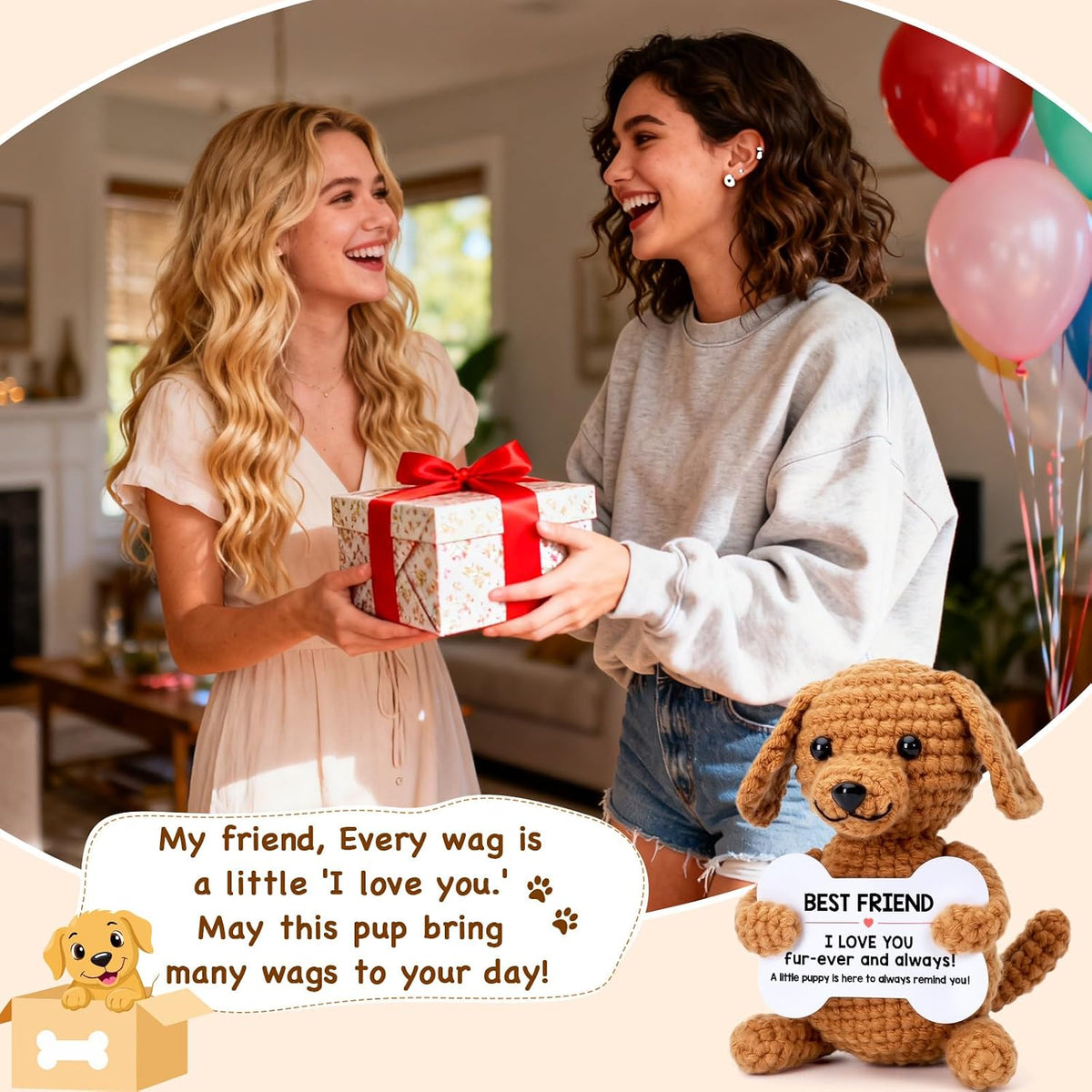 Funny Dog Mothers Day Best Friend Friendship Gifts for Women Men, BFF Bestfriend Friend Birthday Graduation Gifts, Mini Cute Cool Stuff Things I Love You Presents, Small Happy Crochet Rose Dog Puppy