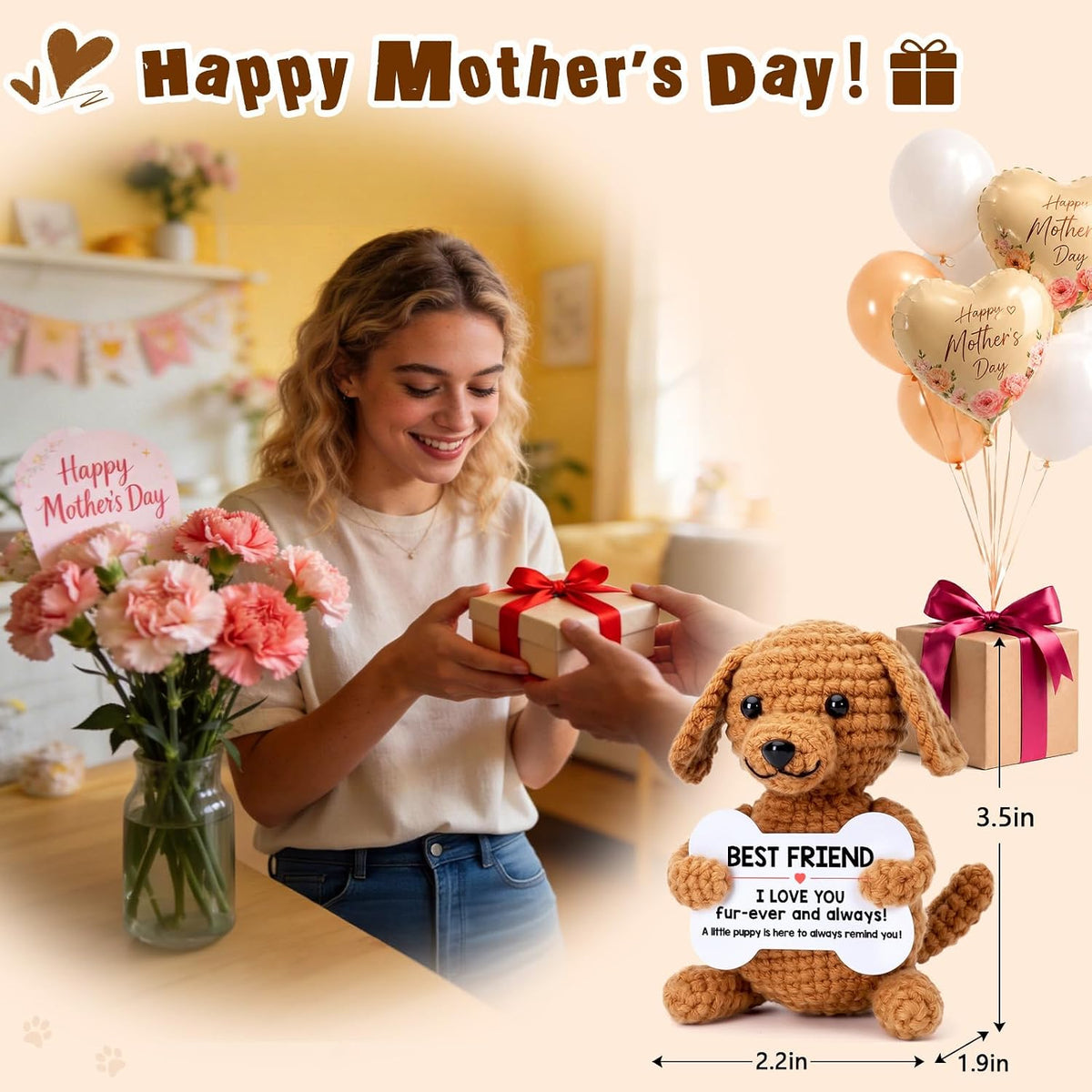 Funny Dog Mothers Day Best Friend Friendship Gifts for Women Men, BFF Bestfriend Friend Birthday Graduation Gifts, Mini Cute Cool Stuff Things I Love You Presents, Small Happy Crochet Rose Dog Puppy